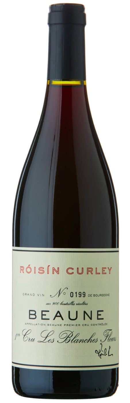 Bottle of red Burgundy Pinot Noir, Roisin Curley Beaune Les Blanches Fleurs