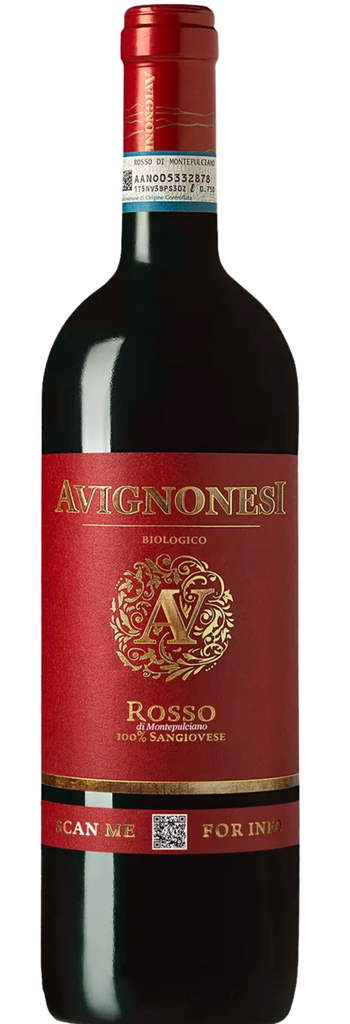 A bottle of wine from Avignonesi Rosso di Montepulciano, in Tuscany made from Sangiovese