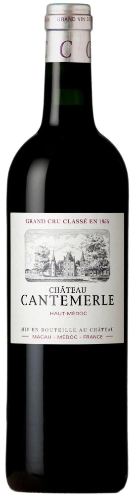 A bottle of Chateau Cantemerle from the Haut-Médoc region of Bordeaux in France.