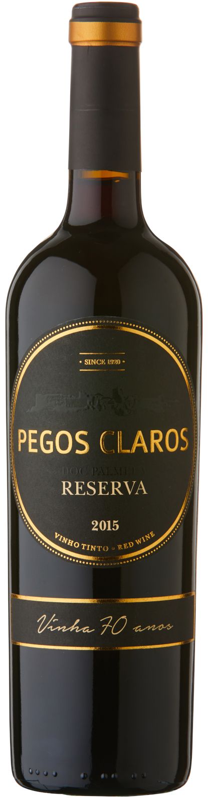 A bottle of Pegos Claros Reserva red wine with a dark label and gold accents.